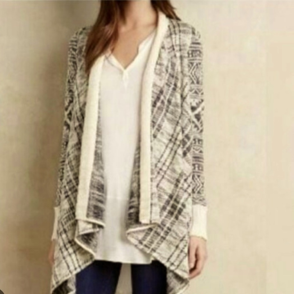 Anthropologie Tiny Black Cream Asymmetrical Open Front Tribal Print Cardigan